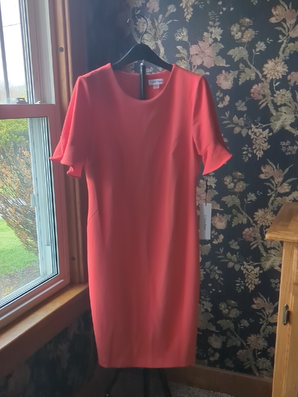 Calvin Klein Coral Midi Scoop Neck Sheath Dress Size 8